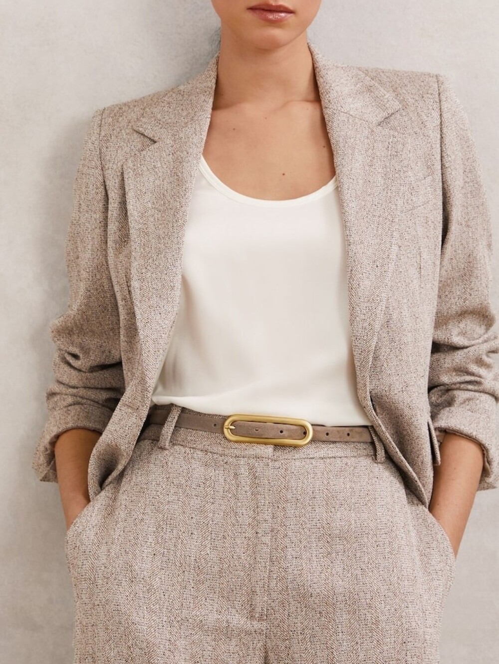 ChayaThin Leather Elongated Buckle Belt in Taupe Medium 8-10